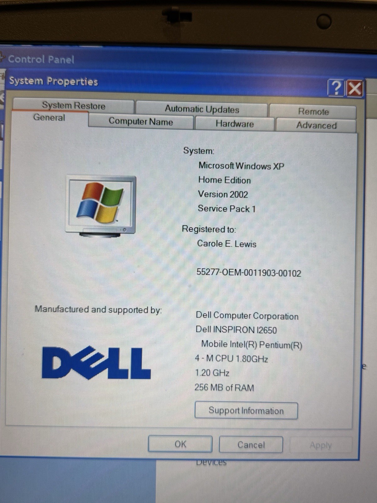 Dell Inspiron 2650 15in Pentium 4 1.80GHz 256MB Windows XP, Charger