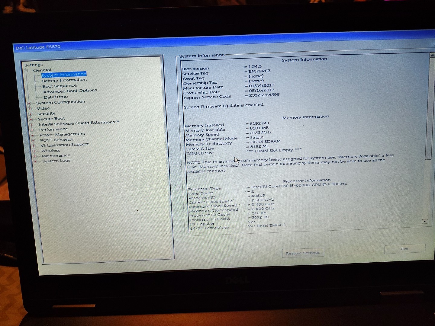 Dell Latitude E5570 i5-6200U 2.30GHz 8GB RAM (No Drive)