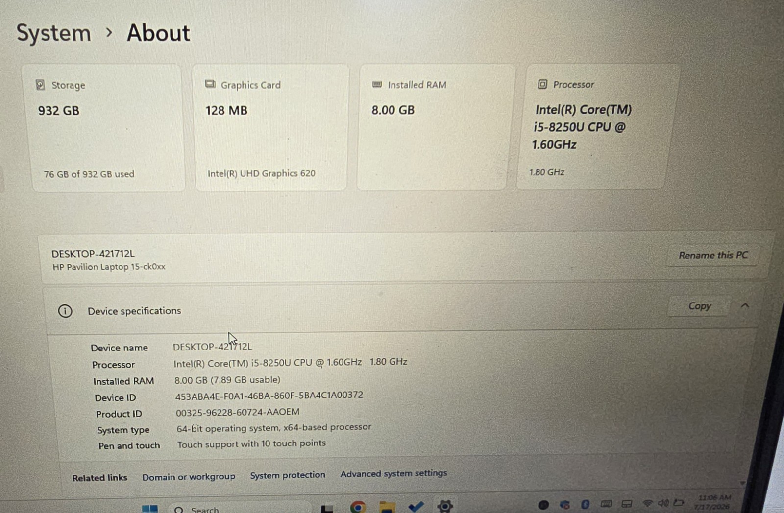 HP Pavilion 15-3168NGW 15.6″ i5-8250U 1.60 GHz 8 GB RAM See Pictures