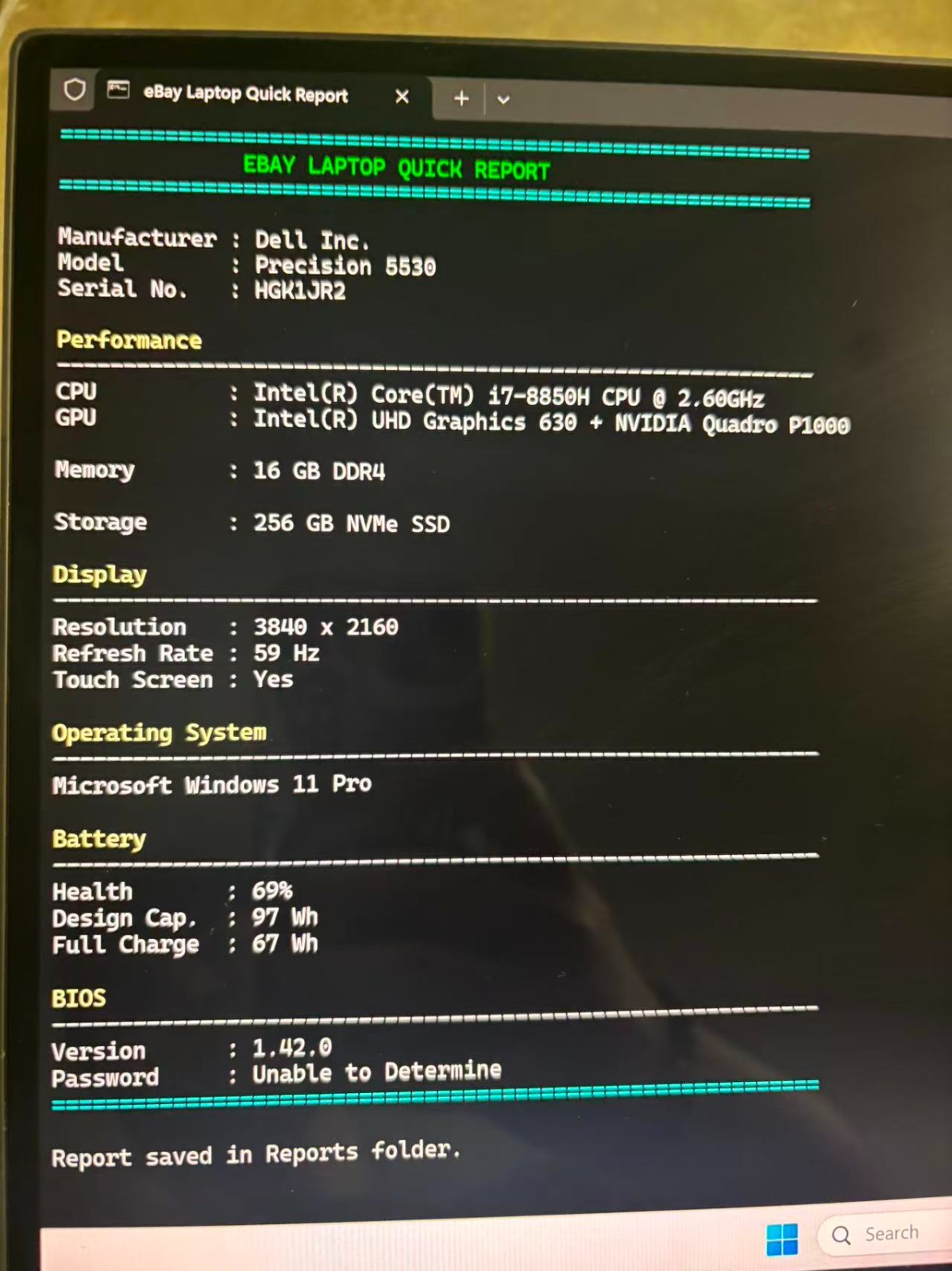 Dell Precision 5530 15″ 4K FHD i7-8850H P1000 16GB DDR4 256gb NVME Win11 Touch