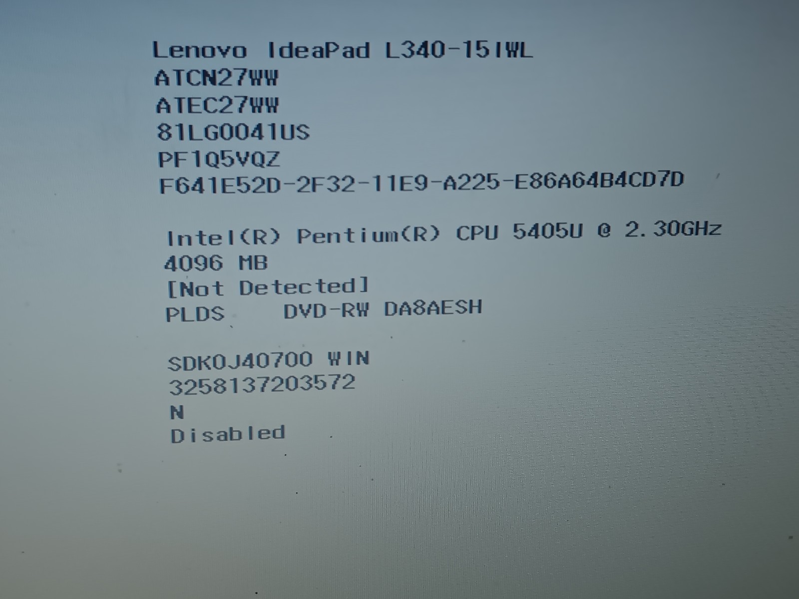 Lenovo Ideapad L340 Laptop Pentium 5405u 4gb Ram Boots Bios