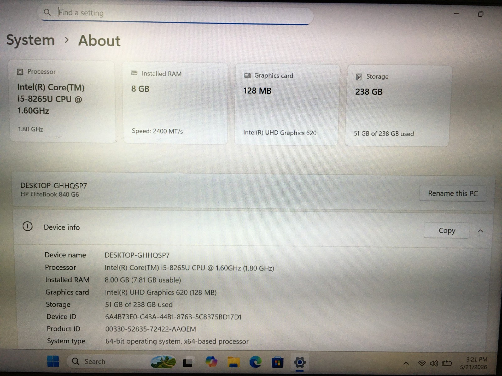 HP EliteBook 840 G6 14″ Intel Core i5-8th 8GB 256GB SSD Win 11 Pro *READ* | C888