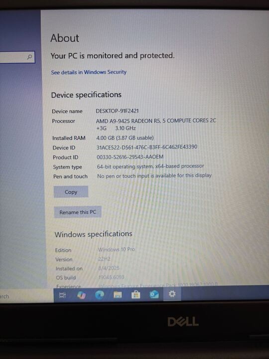 Dell Inspiron 3595 15.6″ Laptop AMD @3.1GHz 4GB RAM 120GB SSD Win 10 Pro
