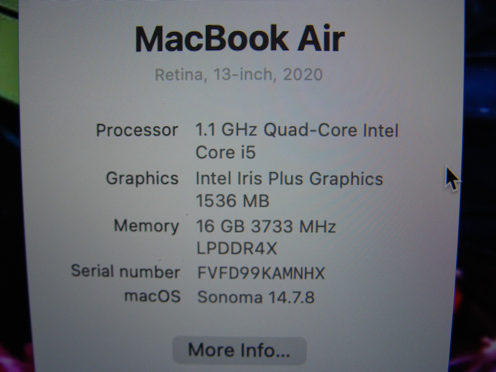 Apple MacBook Air 13″ A2179 2020 i5-1030NG7 1.1GHz 16GB 512GB OS Sonoma MVH2LL/A