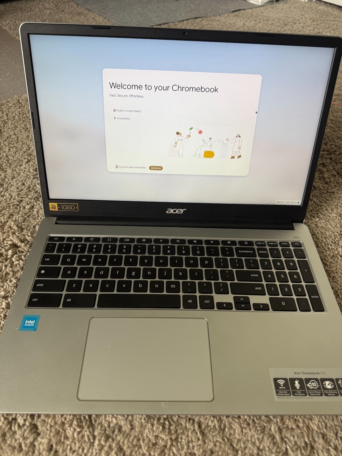 Acer Chromebook 315 with computer sleeve, charger, included a Skilcraft keyboard