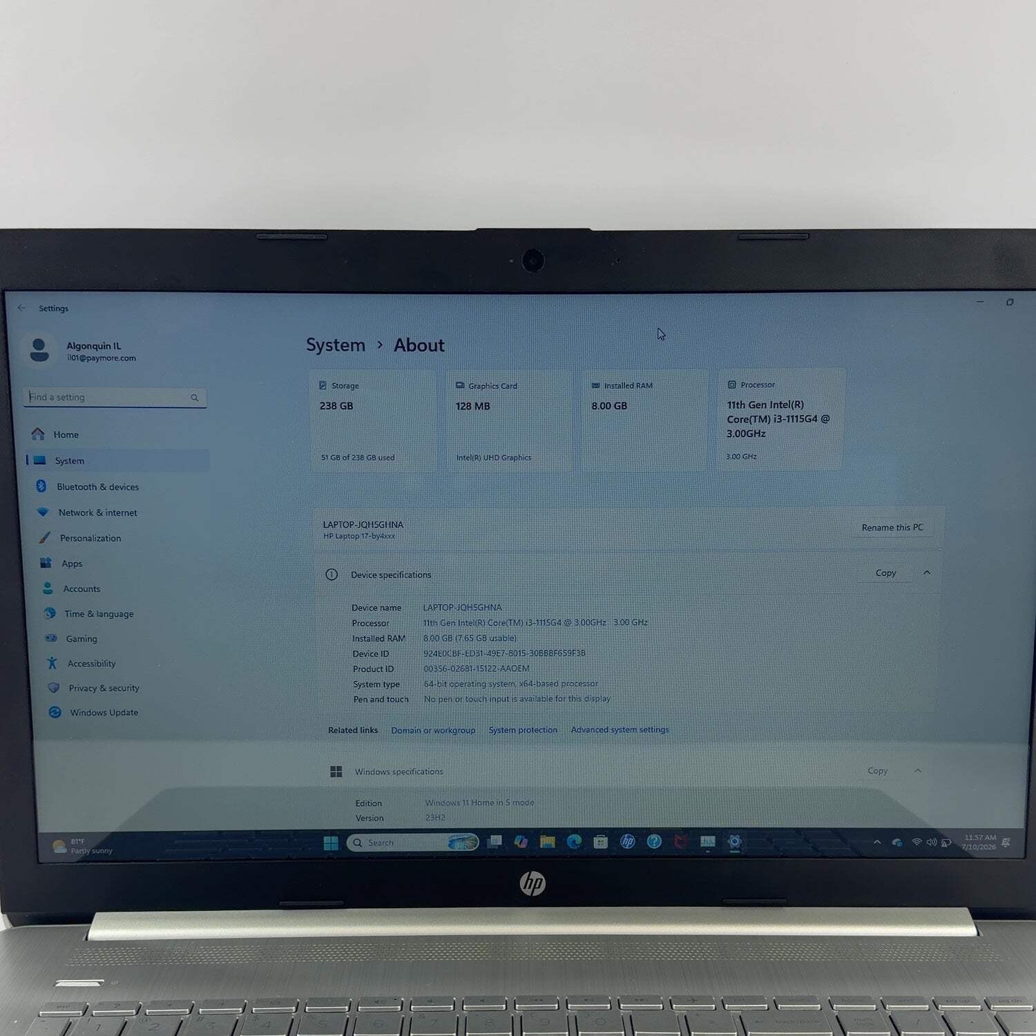 HP 17-by3613DX i3-1115G4 8GB RAM 250GB SSD Laptop