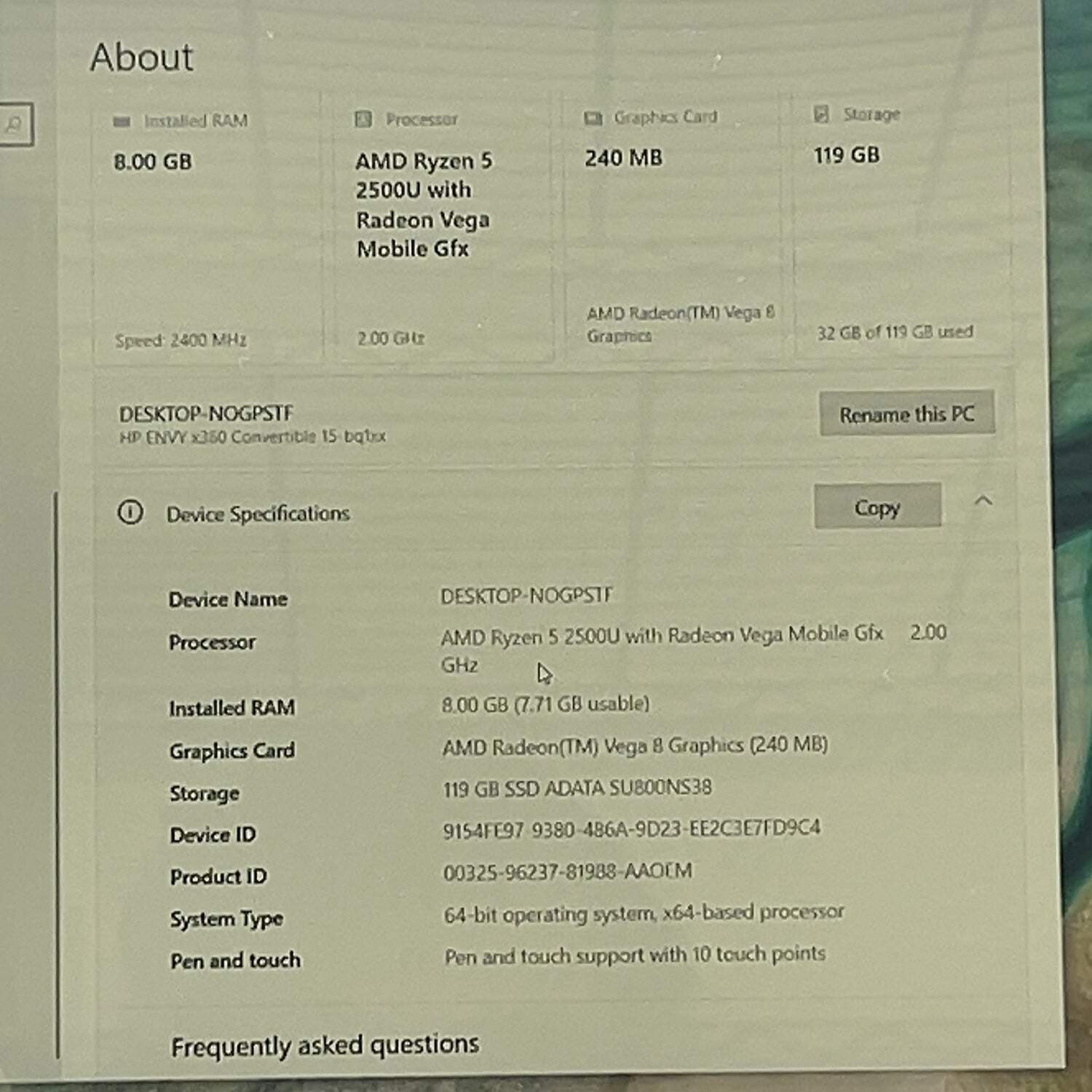 Broken HP Envy x360 15Z-BQ100 17″ Ryzen 5 2500U 2.0GHz 8GB RAM 128GB SSD READ
