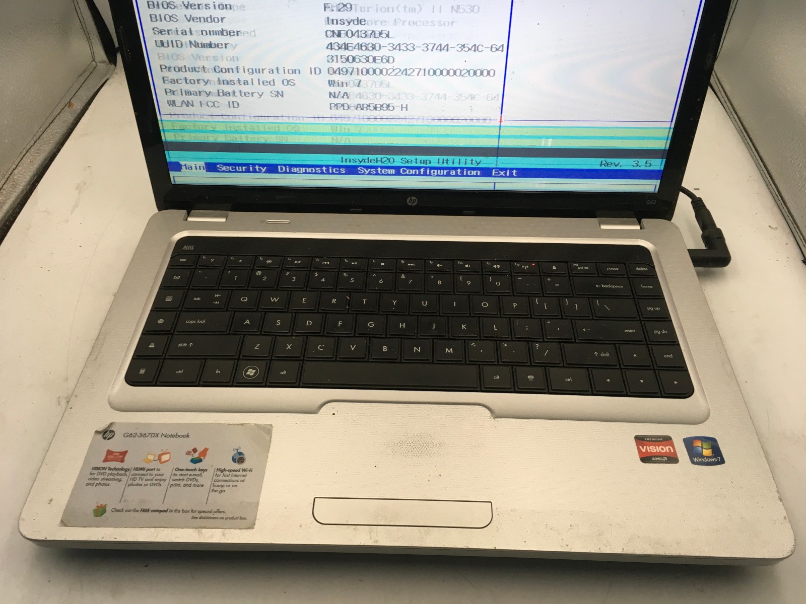 HP G62 367DX NOTEBOOK -FOR PARTS/BAD LCD- AMD TURION II N530 – 4GB RAM -READ- BB