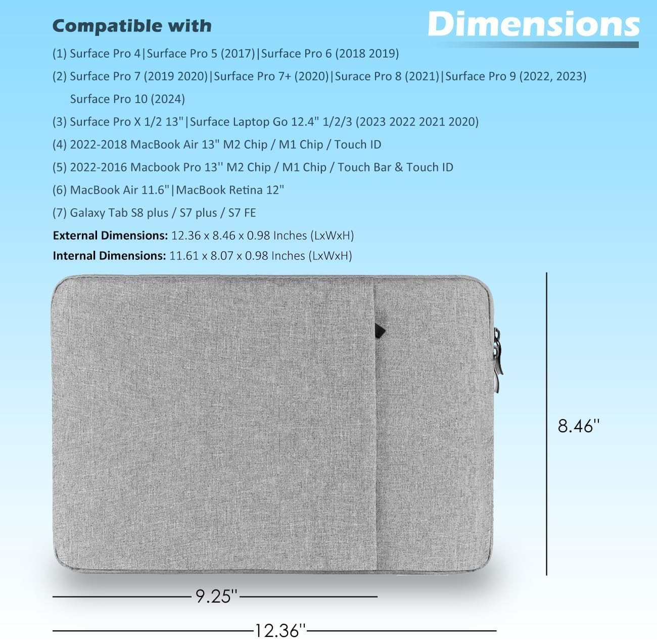 12-Inch Laptop Tablet Sleeve Case Cover for Surface Pro 4/5/6/7/7+/8/9 & MacBook