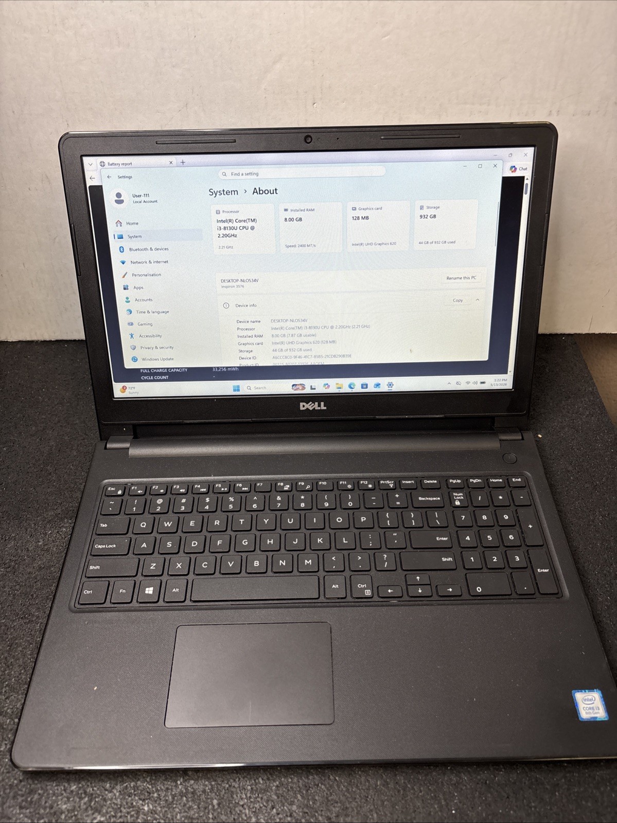 Dell Inspiron 15 3576 15.6″ Laptop i3-8130U 2.2GHz 8GB 1TB HD DVDRW Win 11 H