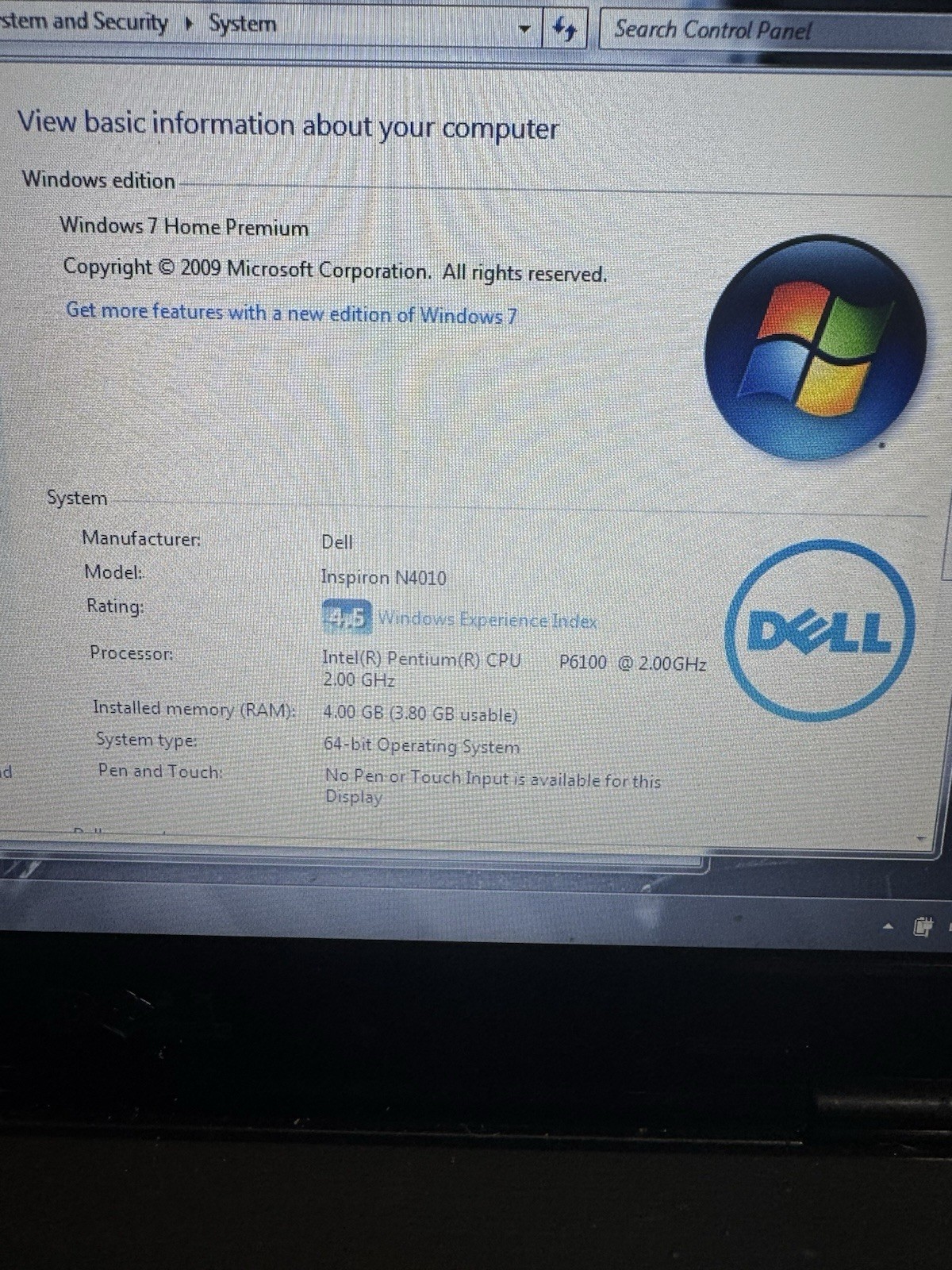 Dell Inspiron N4010 14in Intel Pentium 2.00GHz 4GB RAM 500GB HDD Win7 HP