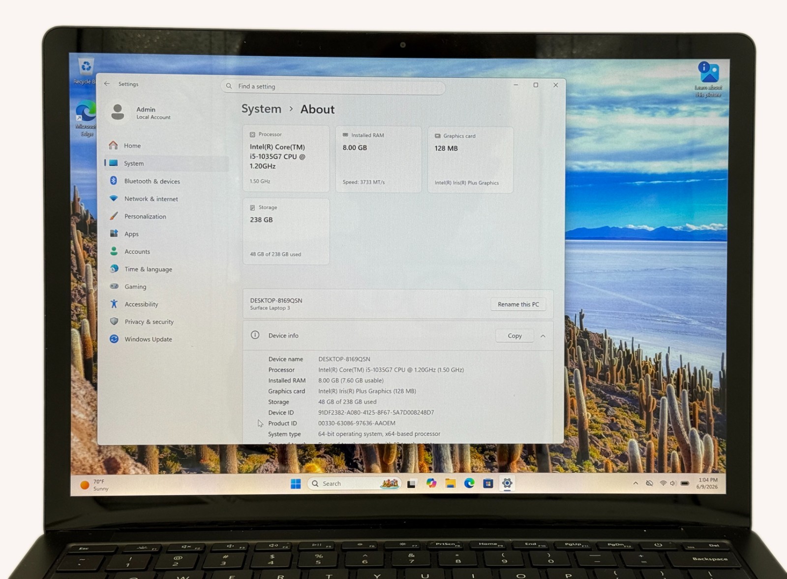Microsoft Surface Laptop 3 i5-1035G7 1.2GHz 8GB RAM 256GB SSD