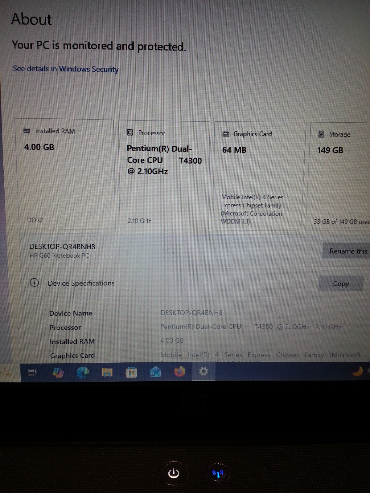 HP G60 Laptop Intel Pent T4300 2.1, 4gb, 160 Hdd,Web cam Windows 10 Pro