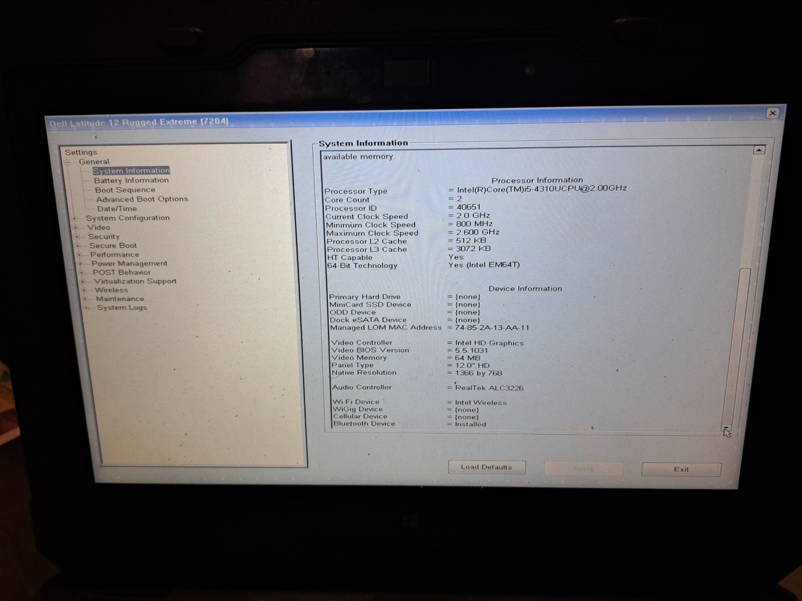 Dell Latitude 12 Rugged Extreme 7204 Intel i5-4310U|8GB RAM|NO SSD|NO CHARGER