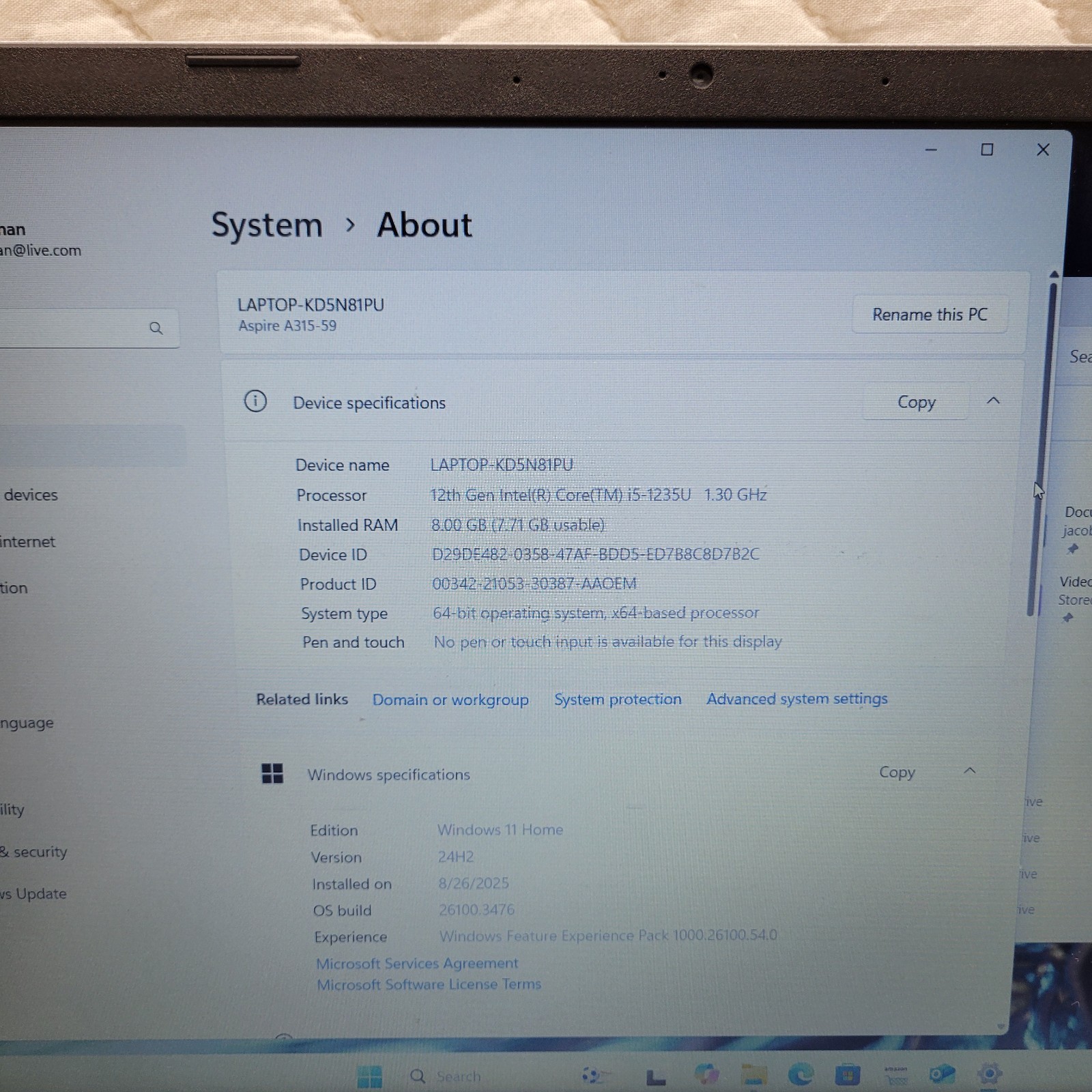 Acer Aspire 3 A315-59 Win 11 Core i5-1235U 1.3GHz 8GB RAM 256GB SSD 15.6″