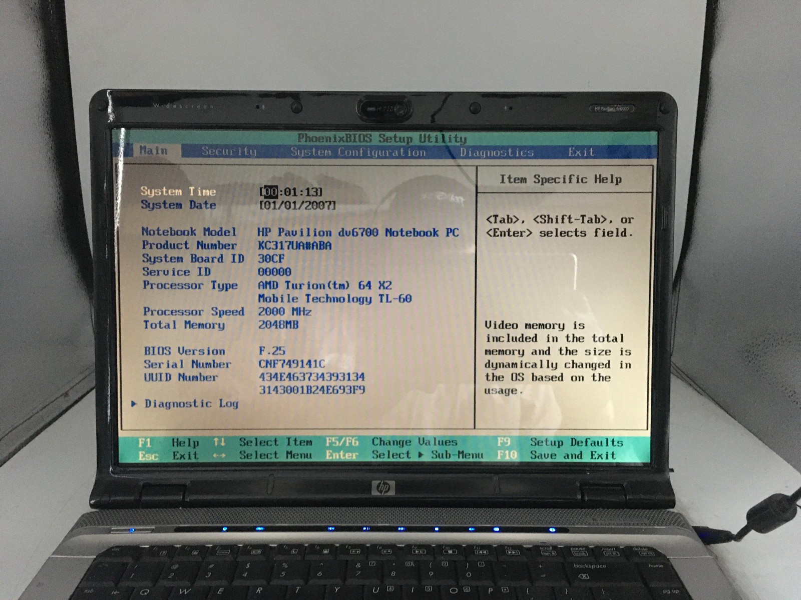 HP PAVILION DV6700 – BOOTS TO BIOS – AMD TURION 64 X2 – 2GB RAM – READ DESC – BB