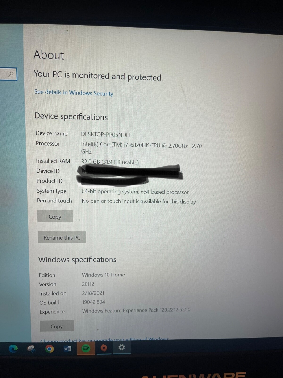 alienware gaming laptop r2 15.6″ 32GB RAM 1TB SSD WITH GTX 965M 2020