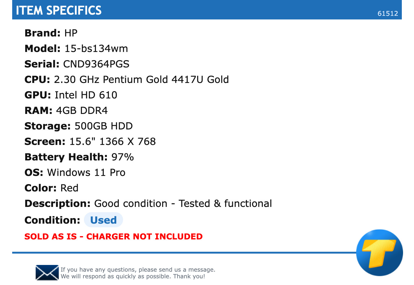 HP 15-bs134wm – 15.6″ HD, 2.30GHz Pentium, 4GB RAM, 500GB HDD, Windows 11 Pro