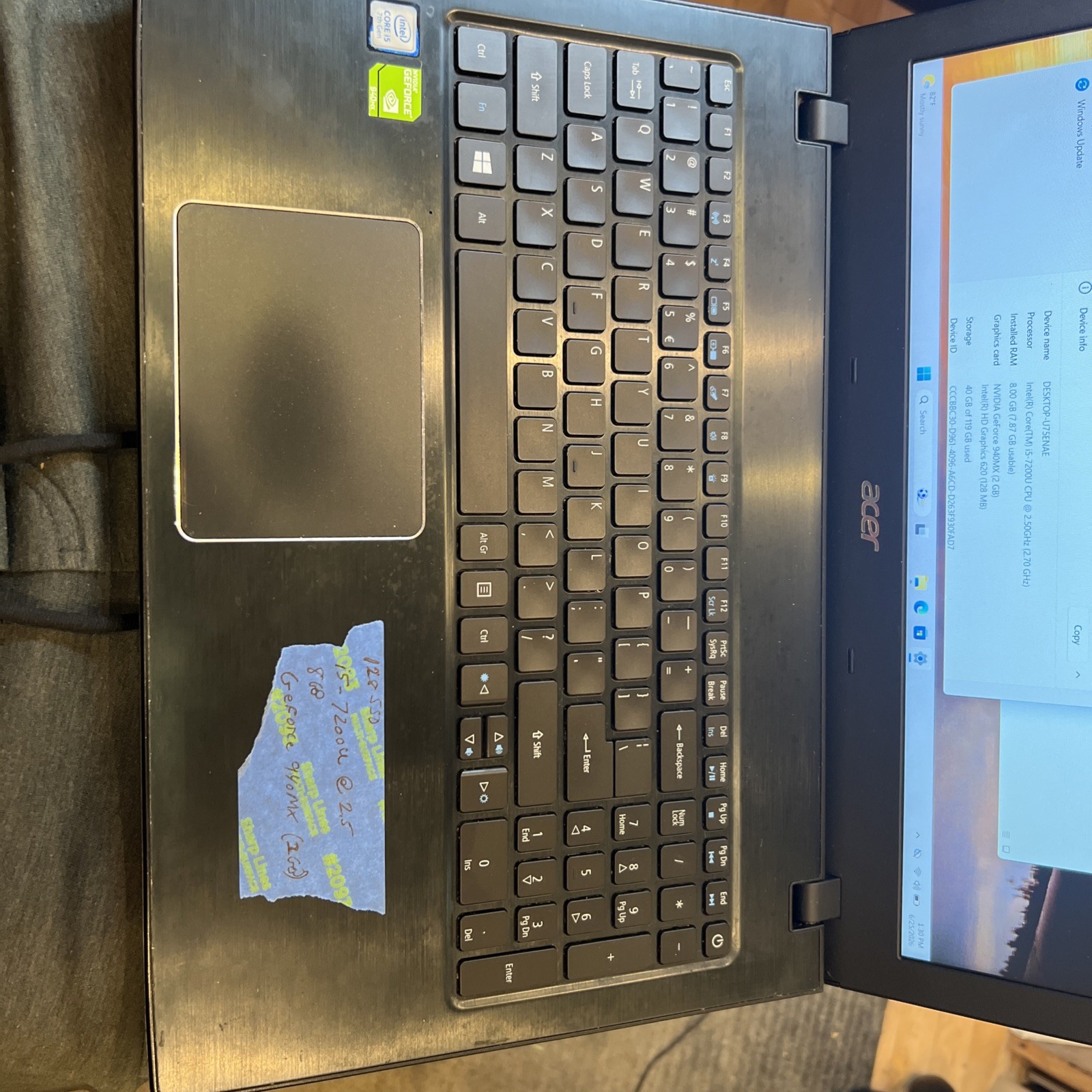 Acer Aspire E5-575G 128GB SSD, I5-7200U, 8GB, Nvidia GeForce 940MX 2GB