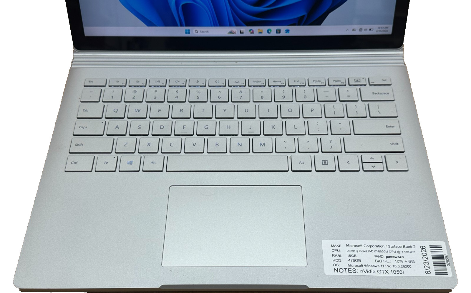 MICROSOFT SURFACE BOOK 2 LAPTOP CORE i7-8650u @ 1.90GHZ 16GB RAM 512GB SSD