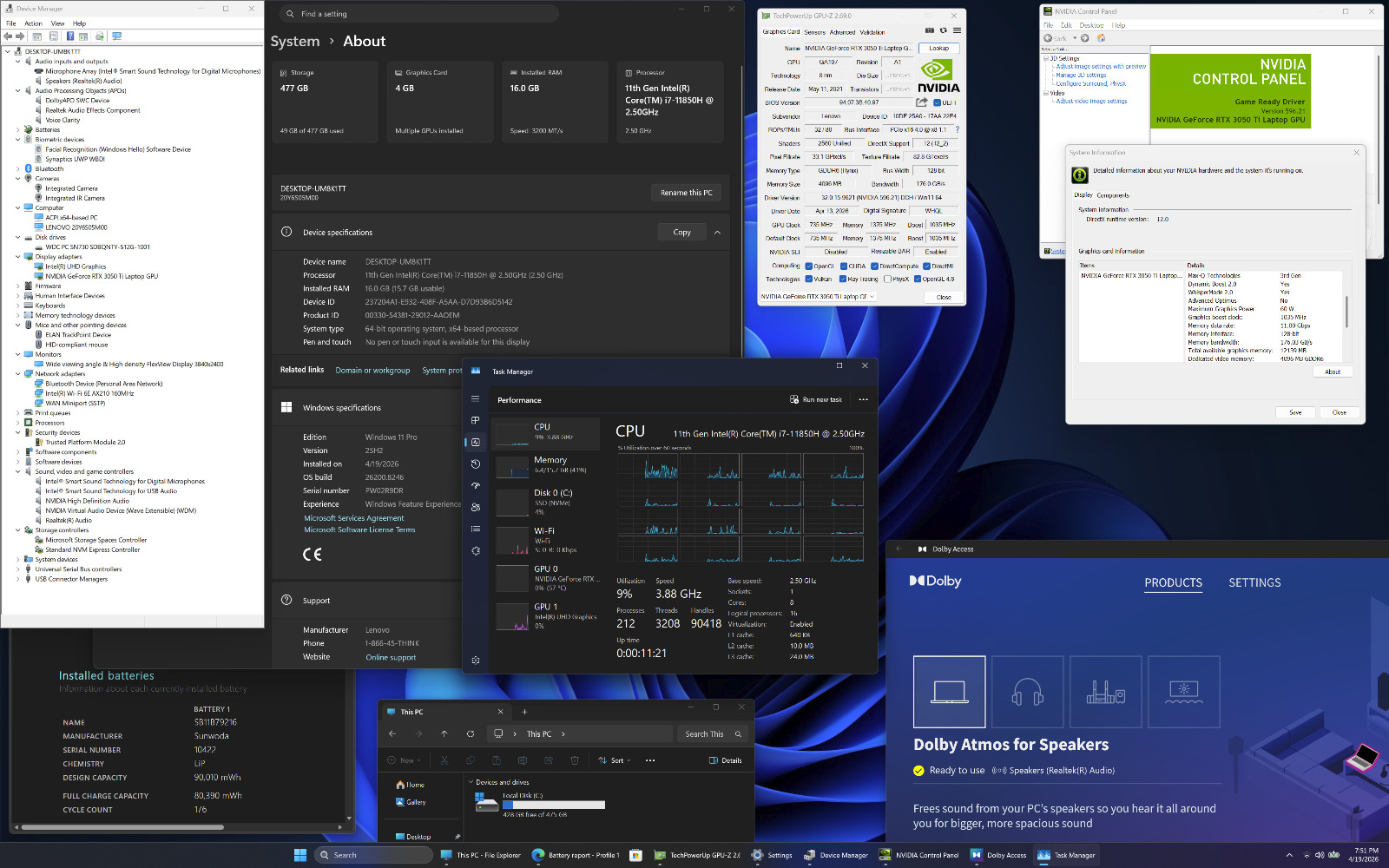 Lenovo ThinkPad X1 Extreme Gen 4 i7-11850H 16″ 4K 3840×2400 16GB NVIDIA RTX 3050