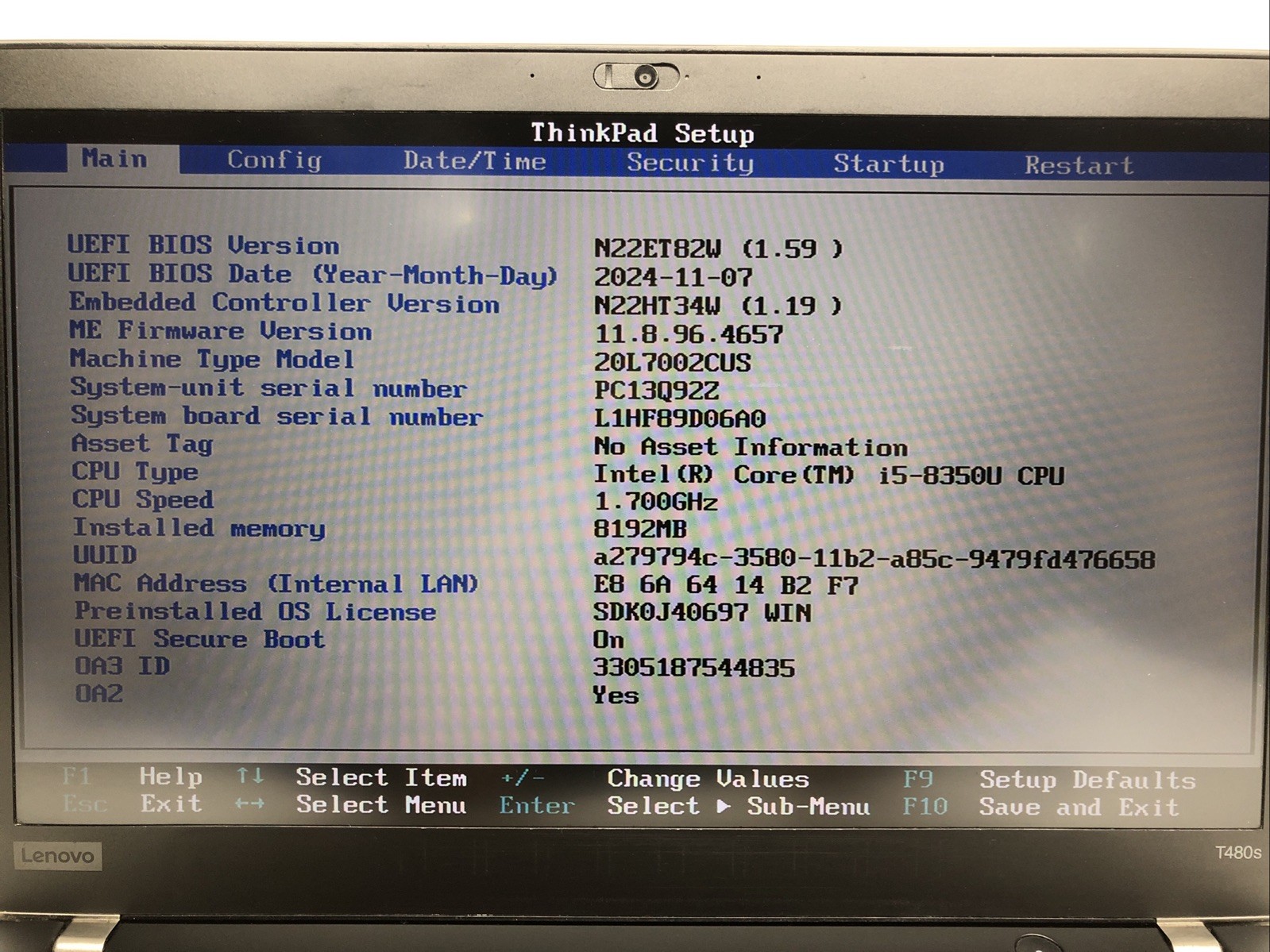 Lenovo ThinkPad T480s, Intel Core i5-8350U @1.70Ghz, 8GB RAM, NO SSD/OS, TESTED!