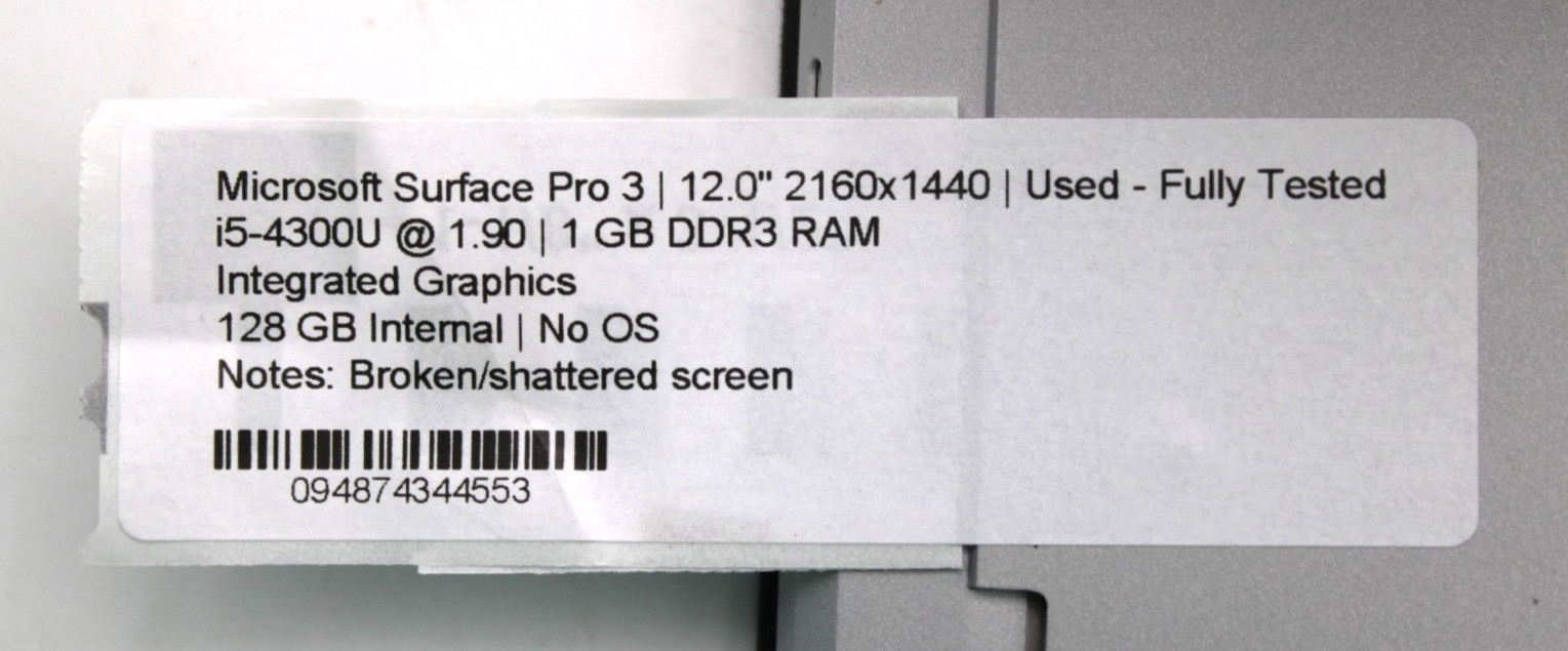 Microsoft Surface Pro 3 i5-4300U@1.9GHz 8GB DDR3 128GB Internal NO OS *USD/TSTD*
