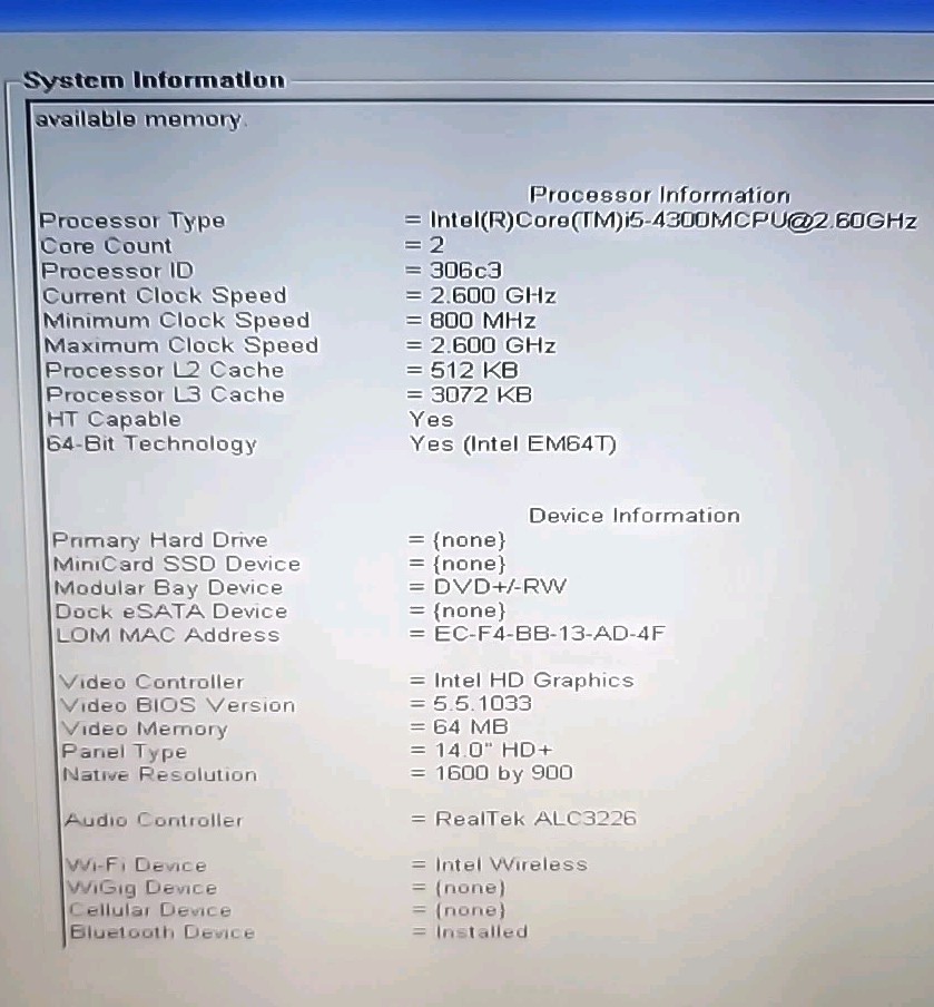 Dell Latitude E6440 i5-4300M CPU@2.6GHz 8GB RAM No HDD/SSD/OS Good Batt(3A826)