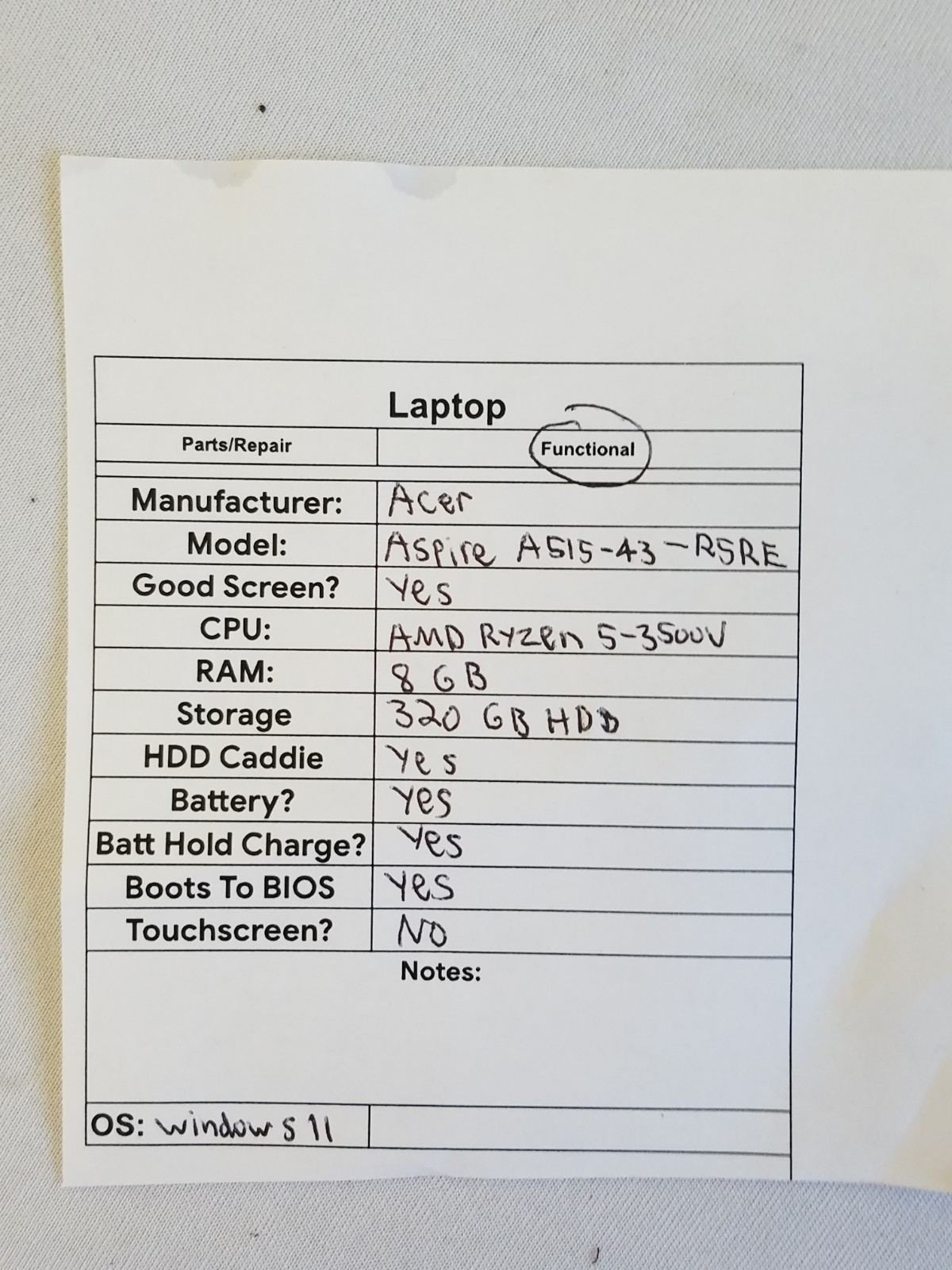 Acer Aspire A515-43-R5RE Laptop – AMD Ryzen 5-3500u 8GB RAM 320GB HDD Win 11