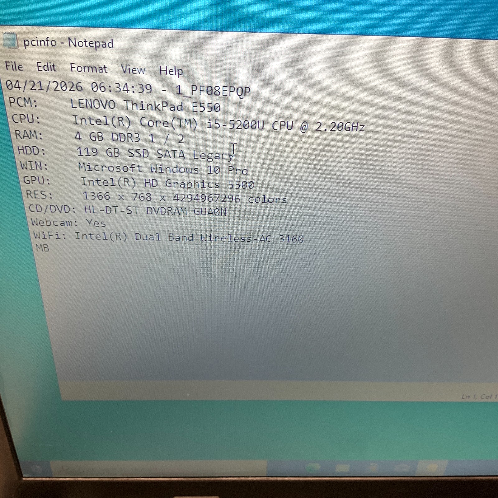 Lenovo ThinkPad E550 Intel i5-5200U 2.2GHz 4GB 128GB SSD Windows 10 Pro NO BATT