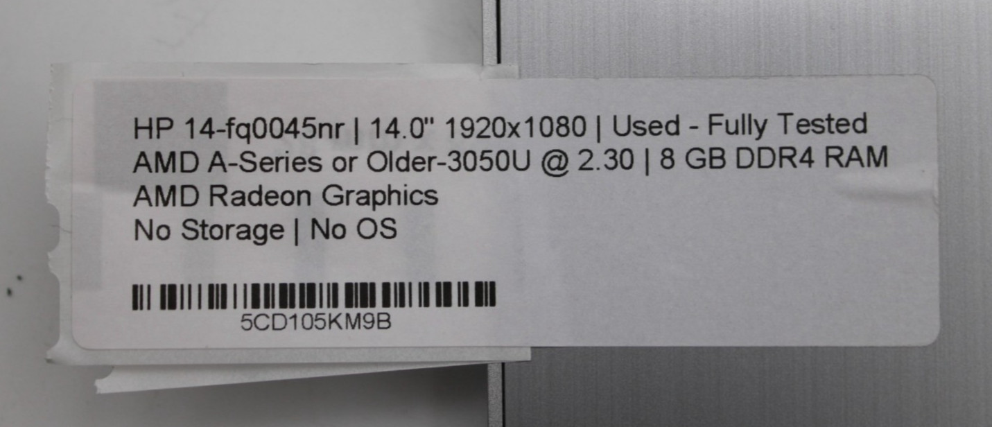 HP 14-FQ0045NR AMD Athlon Silver 3050U@2.3GHz 8GB DDR4 NO STORAGE/OS *USED/TSTD*