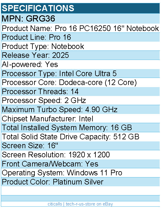 Dell GRG36 Pro 16 PC16250 16″ Notebook – Intel Core Ultra 5 – Platinum Silver
