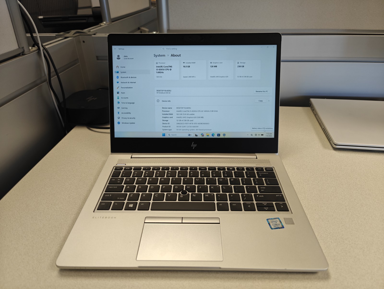 HP EliteBook 830 G6 13.3″ Core i5-8365U 1.6GHz 16GB RAM 256GB SSD Win 11 Pro