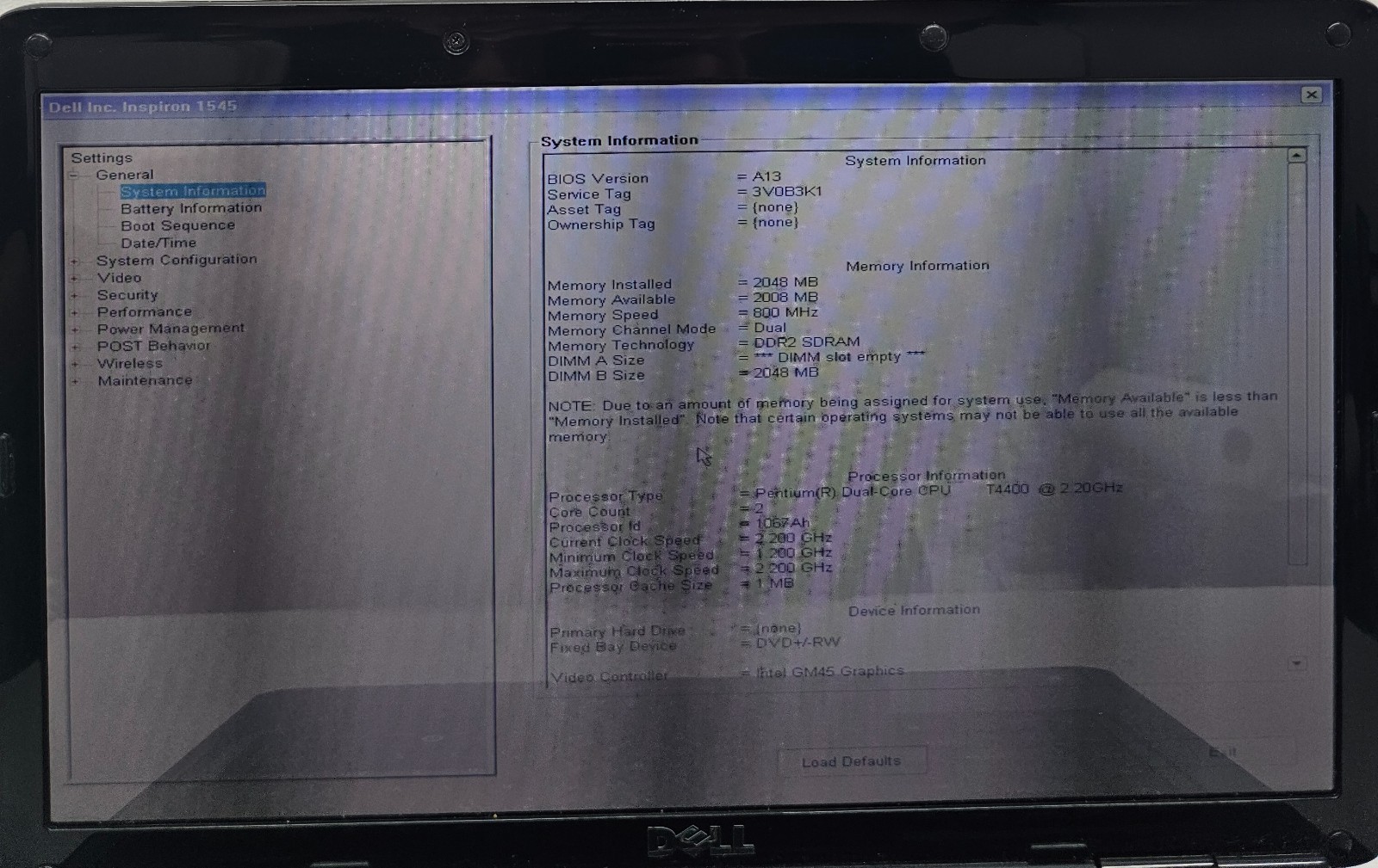Dell Inspiron 1545 Laptop Intel Pentium Dual-Core T4400 2GB RAM NO HD/OS (FL)