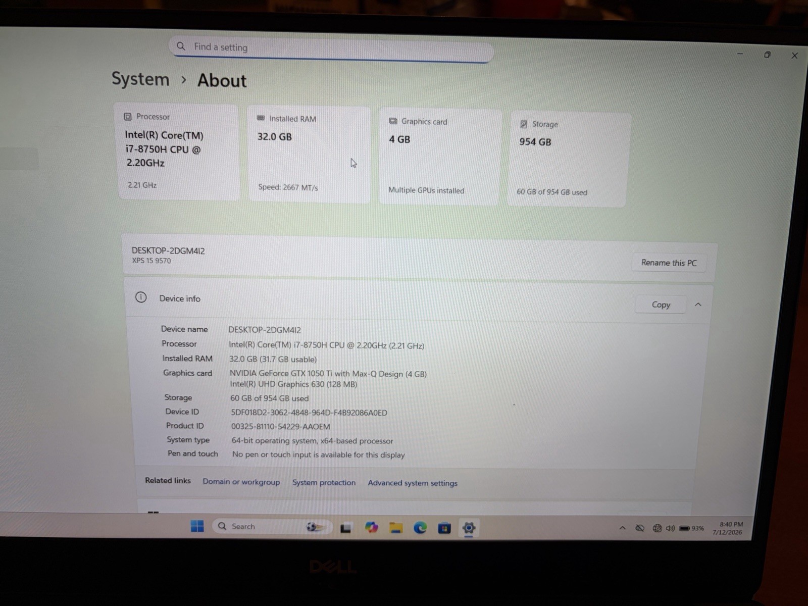 DELL XPS 15 9570 i7-8750H 32GB 1tb NVME GTX 1050TI LAPTOP *Good*