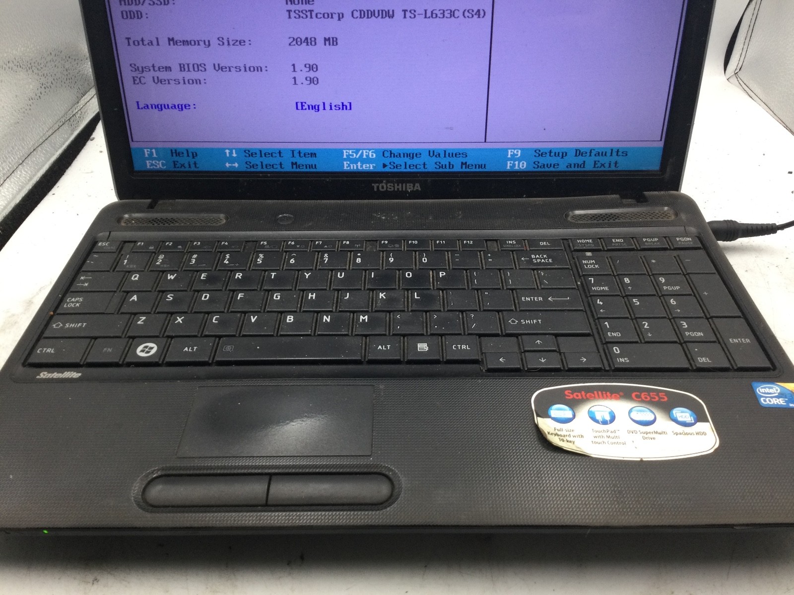 TOSHIBA SATELLITE C655-S5128 – BOOTS TO BIOS – INTEL I3 – 2GB RAM – READ DESC-BB