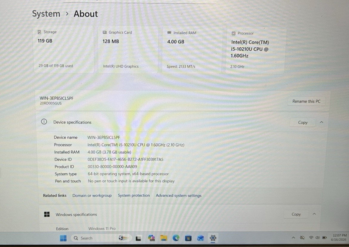 Lenovo ThinkPad E15 Intel i5-10210U @1.6GHz – 4GB RAM – 128GB SSD – W11P
