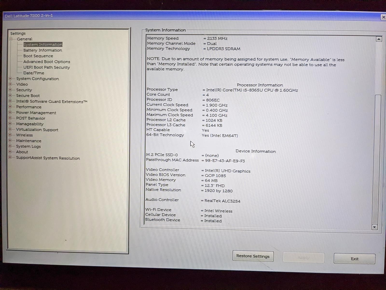 DELL LATITUDE 7200 2-IN-1 i5-8365U @ 1.60GHz, 8GB RAM, NO HDD/OS – (FOR PARTS)