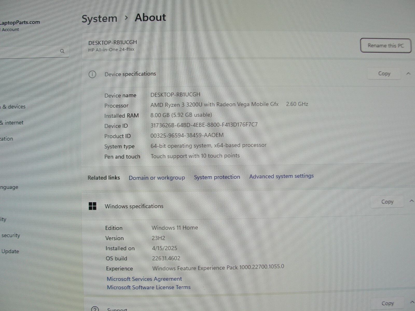 HP AIO 24-F1047C 24” TOUCH FHDAMD Ryzen 3 3200U 2.6GHz 8GB 1TB HDD + Charger
