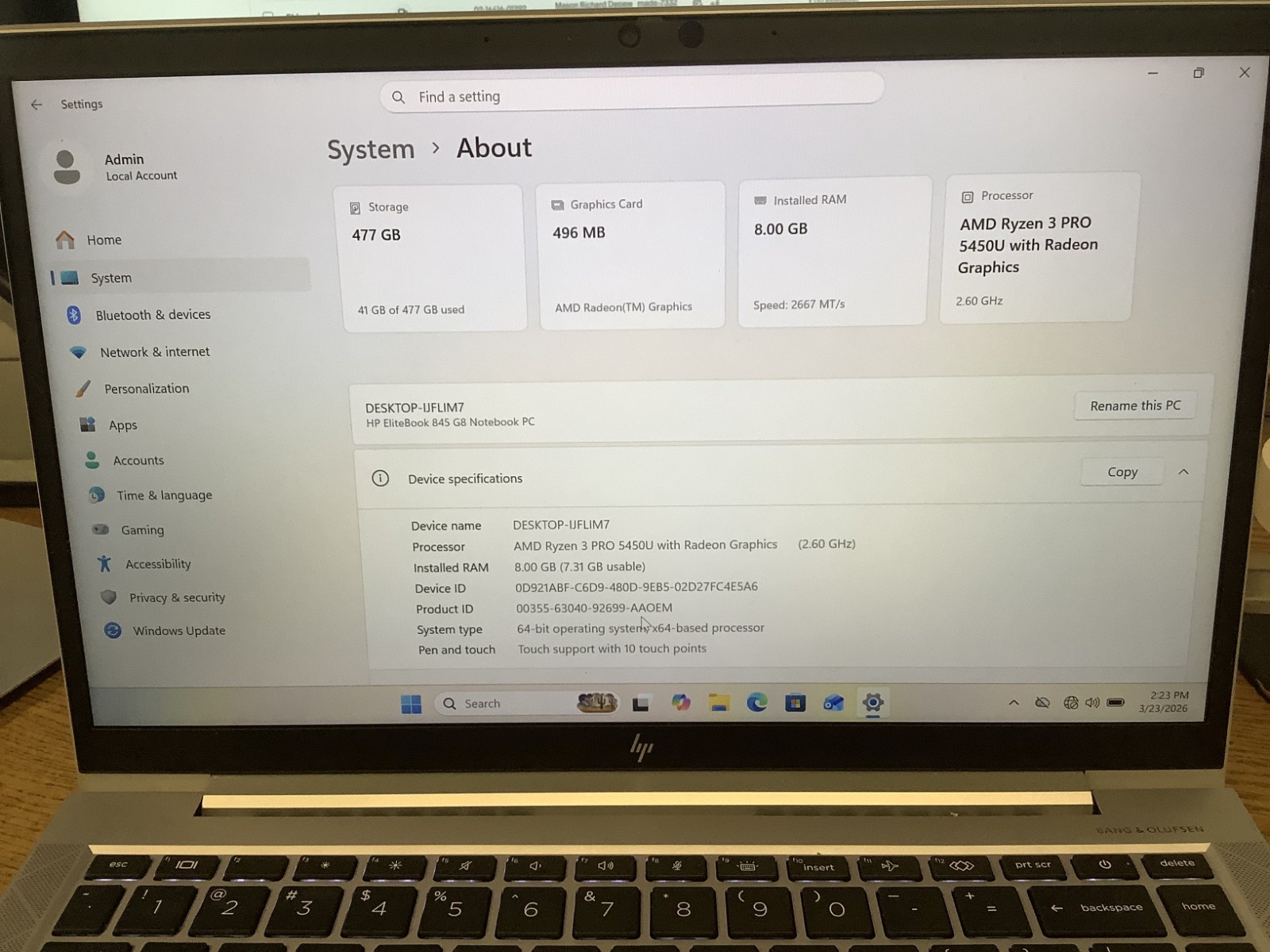 HP Elitebook 845 G8 Laptop 14 Ryzen 3 Pro 5450U 8GB RAM 512GB SSD Win 11 Pro
