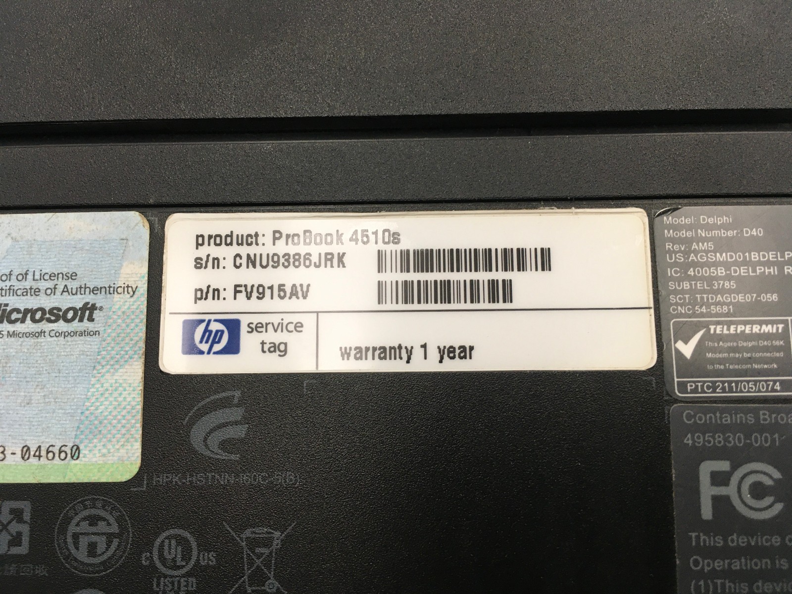 HP PROBOOK 4510S – BOOTS TO BIOS – INTEL CELERON 900 – 2GB RAM – 15″ – READ – BB