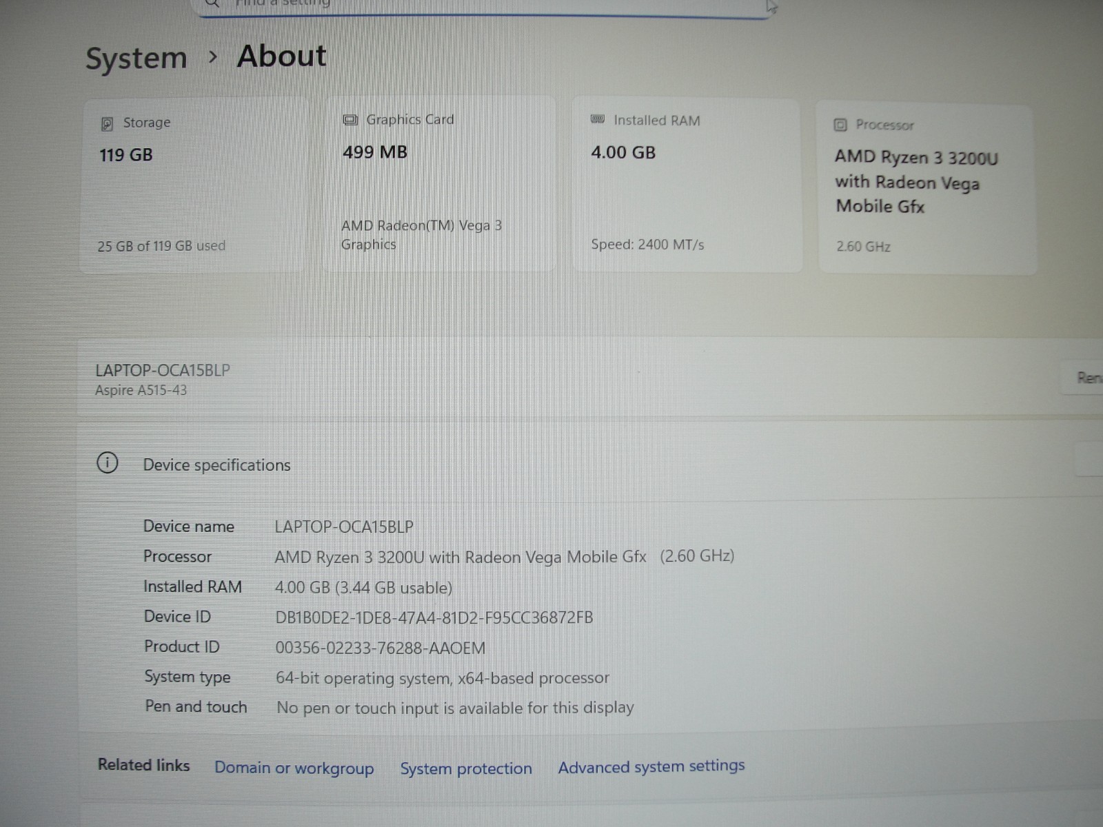 Acer Aspire 5 A515-43-R19L 15.6″FHD AMD Ryzen 3 3200U 2.6GHz 4GB RAM 128GB SSD