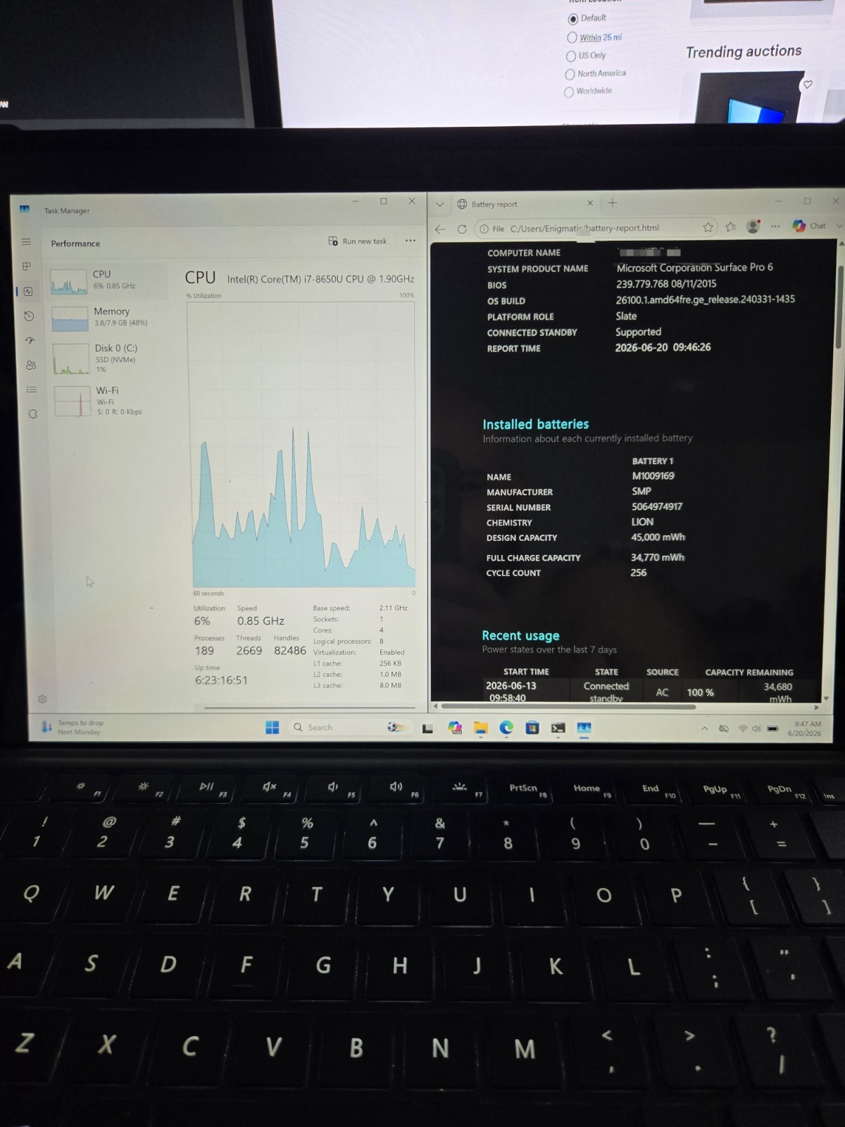 Microsoft Surface Pro 6 1796 12.3″ i7-8650U 1.9GHz 8GB RAM 256GB SSD Win 11 Pro