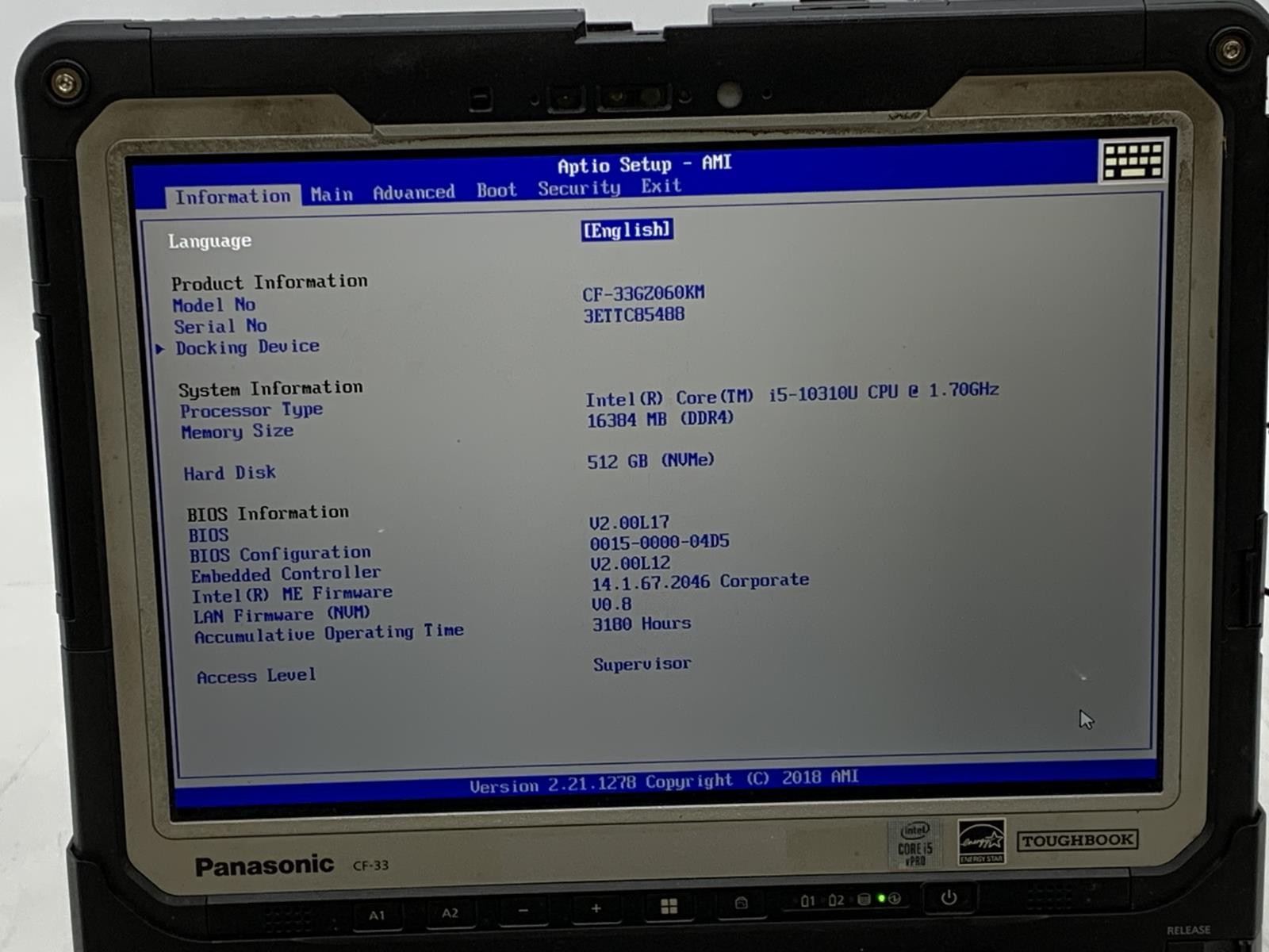 BAD LCD Panasonic ToughBook CF-33 i5-10310U 1.7GHz 512GB SSD 16GB DDR4 W11P