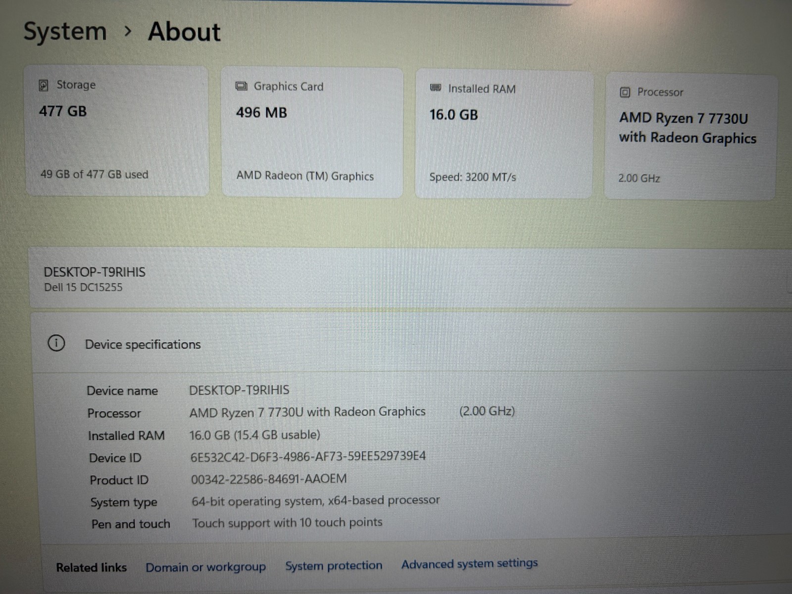 DELL 15 DC15255 G8MK9, AMD Ryzen 7 7730U, 2.00 GHz, 16 GB RAM 512 GB NVMe SSD