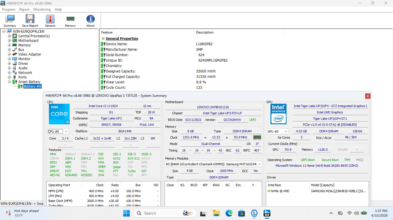Lenovo ideapad 3-15ITL05 15″ HD Touch I3-1115G4 256GB SSD 8GB W11 Webcam