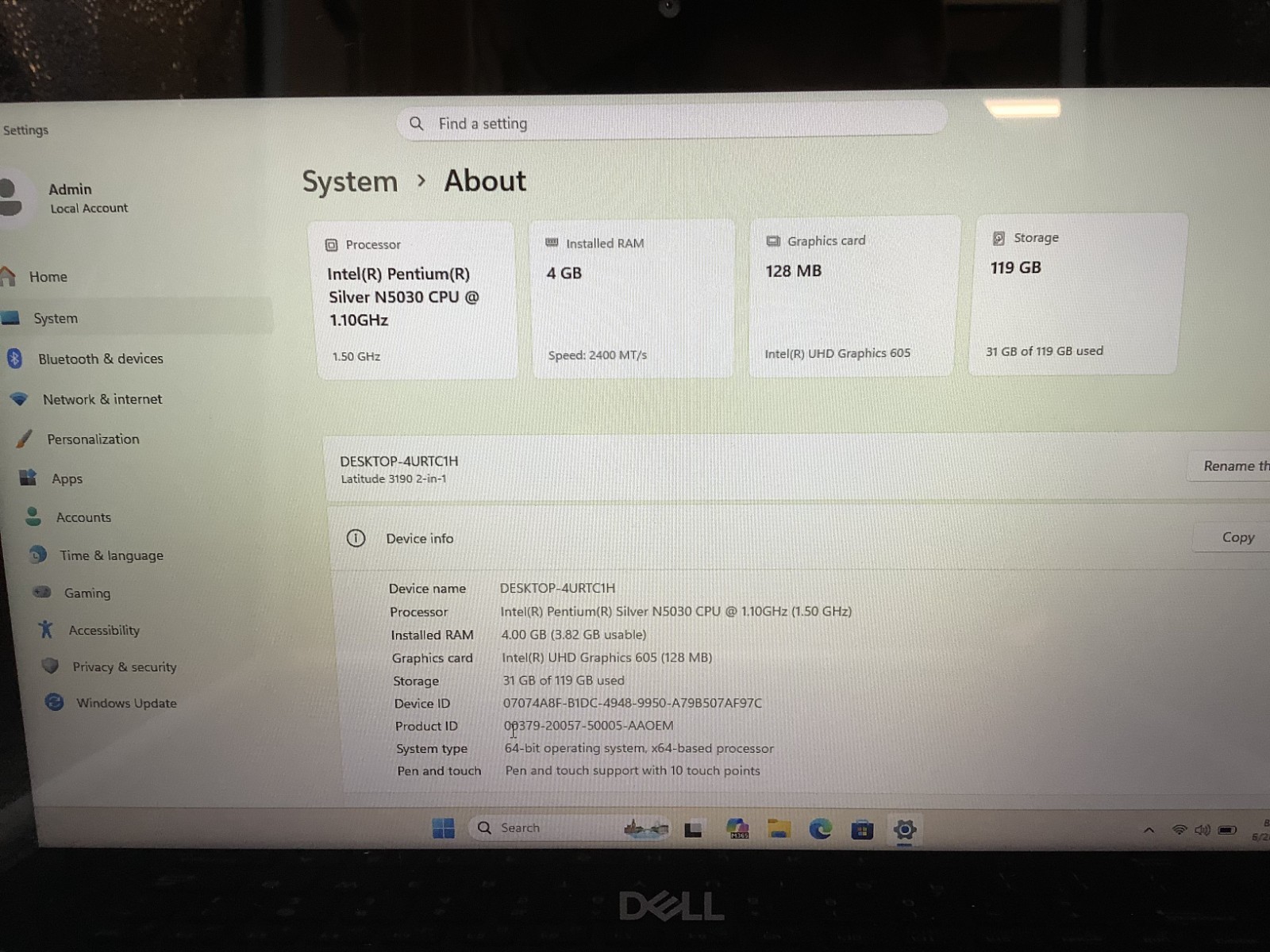 Dell Latitude 3190 2-in-1 Pentium Silver N5030 1.10GHz 4GB RAM 128GB SSD Read 3