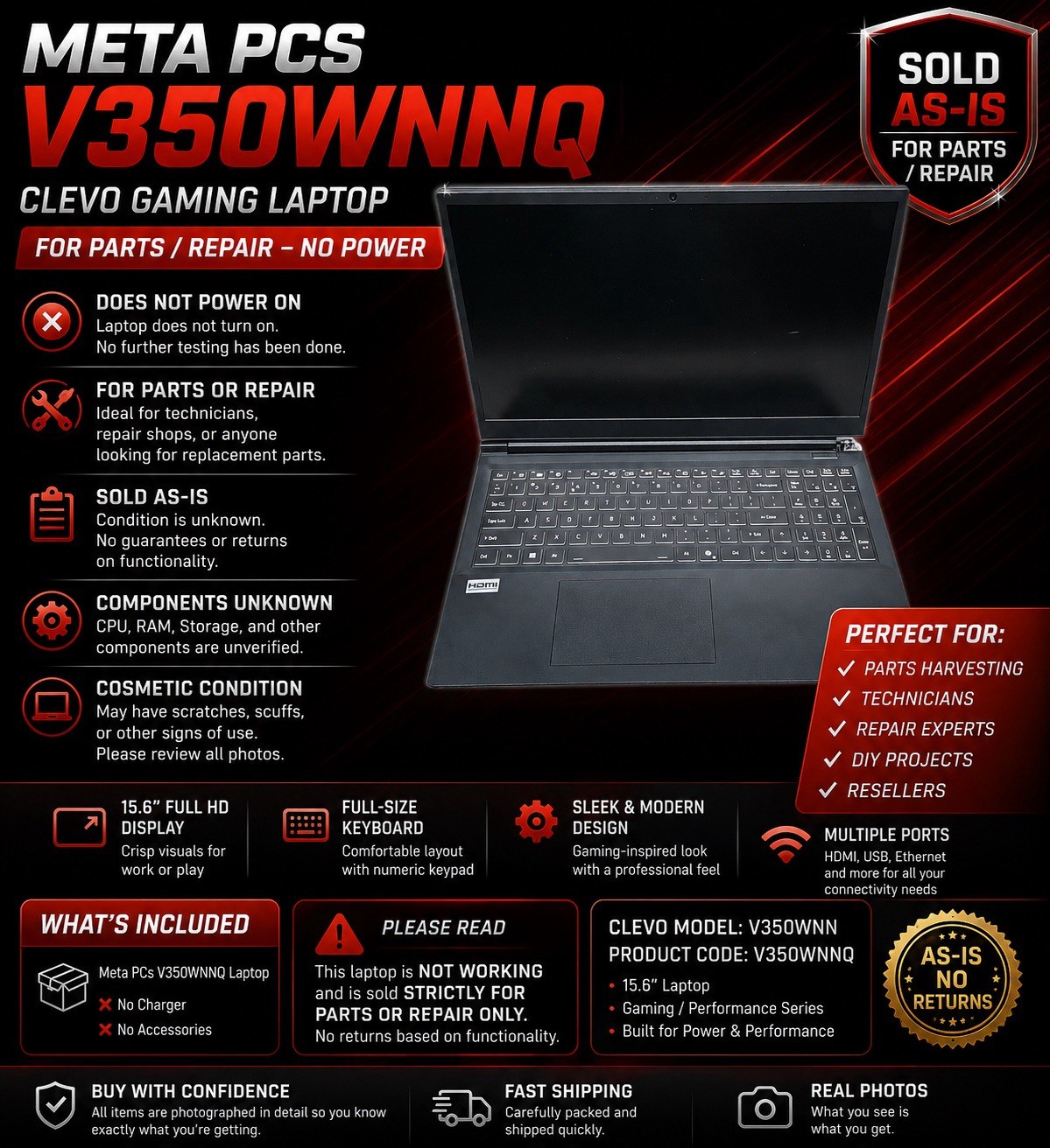 Meta PCs Gaming Laptop V350WNNQ | Clevo | For Parts / Repair | No Power
