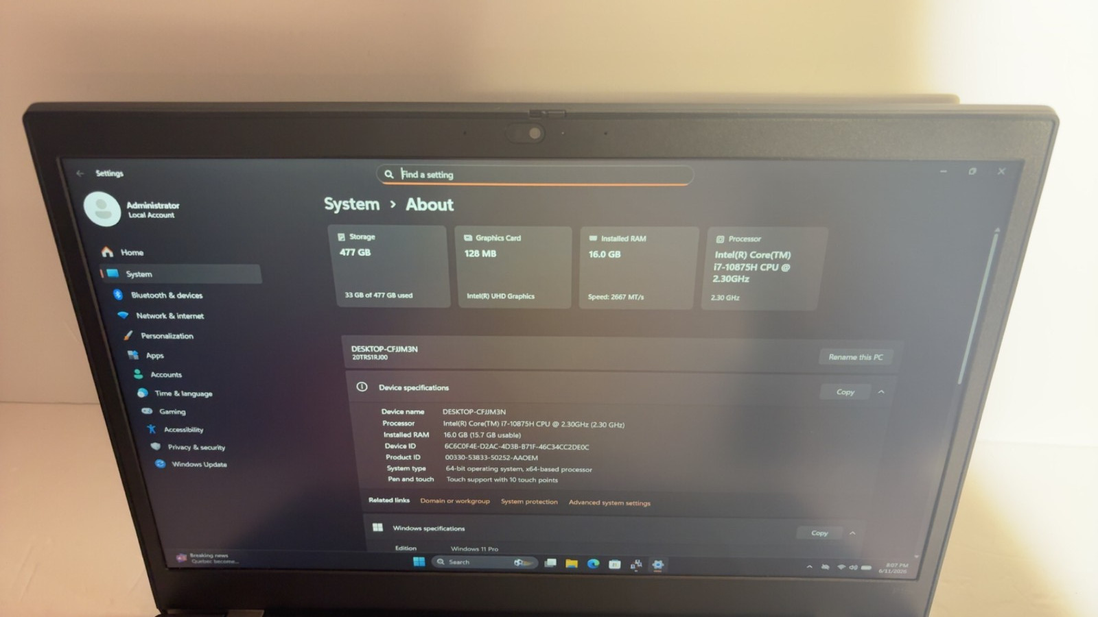 Lenovo ThinkPad P15v Gen 1 Touchscreen i7-10875H 16GB 512GB SSD Win11 Pro 15.6″