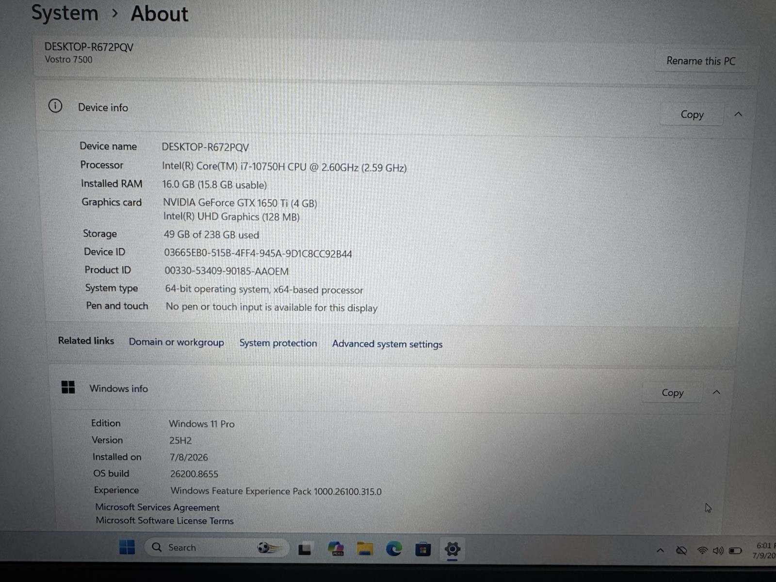 Gaming! Dell Vostro 7500 15.6 FHD i7-10750H 16GB RAM 256GB Win 11 GTX 1650 Ti